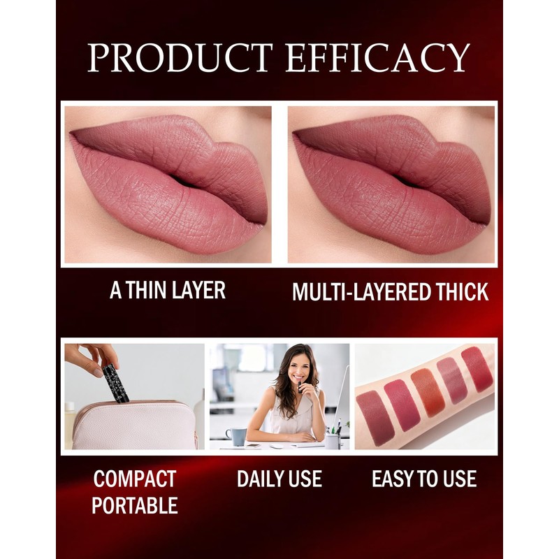 Chili Red Matte Lipstick,Waterproof Long Lasting Lip Gloss,Makeup for Women