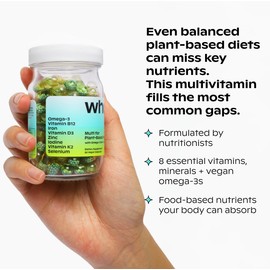 wholier Plant Based Multivitamin Vegan Omega-3 DHA EPA, Vitamin D, B12, Zinc, Vitamin K2, Iron, Iodine, Selenium. 60 Count (30-Day Supply) Glass Bottle
