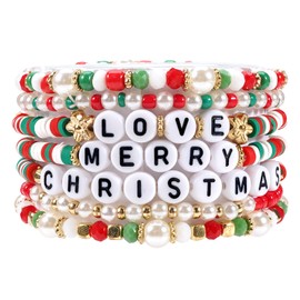 Ardorchid Christmas Xmas Bracelets for Women Snowman Santa Claus Stackable Heishi Beaded Stretch Bracelet Merry Christmas Pearl Bracelet Jewelry Party Supplies