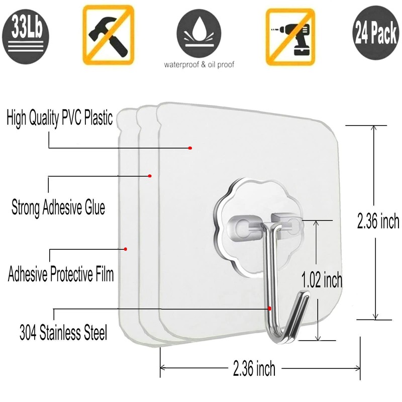 Jwxstore 24 Pack Heavy Duty Self Adhesive Hooks - 33lb