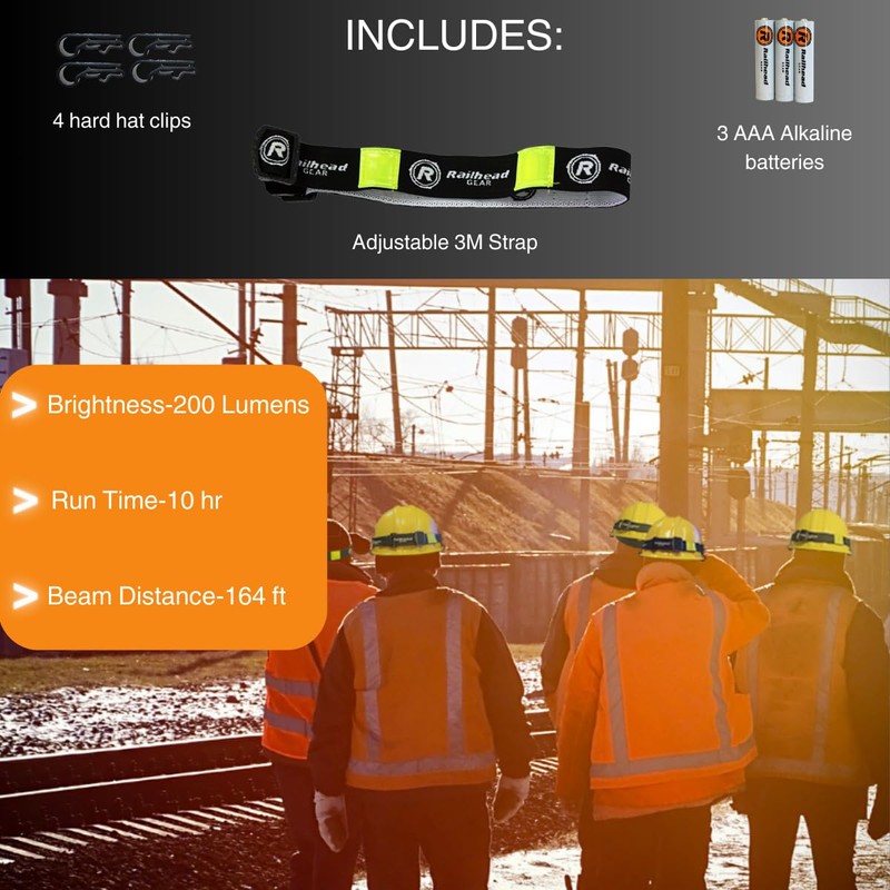 Railhead Gear LED Lightweight Headlamp, Battery Powered Industrial 200 Lumen