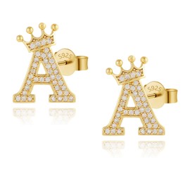 Crown Initial Stud Earrings for Girls, 14K Gold Plated S925 Sterling Silver Post Cubic Zirconia Stud Earrings, Hypoallergenic Earrings for Women Girl Gifts (Gold-A)