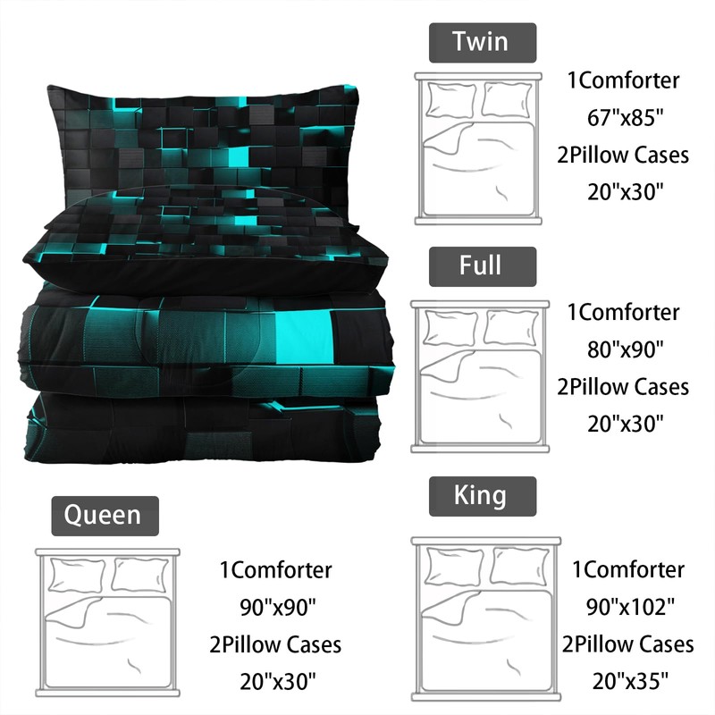 Neon Turquoise Black Comforter Set Queen Geometric Kids Bedding Set,3