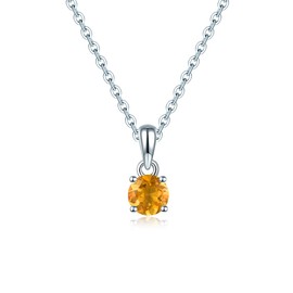 ZhenCai Pendant Necklace for Women Sterling Silver S925 with Round 5x5mm Natural Gemstone Birthstone Rhodium Plated Simple Fine Jewelry for Birthday Christmas (Natural Citrine)