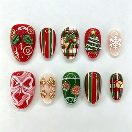 30Pcs Cute Christmas Press on Nails Short Almond False Nails 3D Bow Xmas Tree Gingerbread Man Fake Nails Winter Snowflake Artificial Glue on Nails Holly Acrylic Nails for Women Holiday Manicure