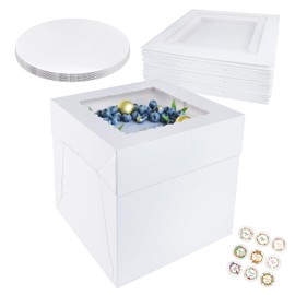 Sukaswi 5 Pack Cake boxes with Cake boards,Disposable Cake Carrier,Dessert Transport Container with Lids and window,White Bakery Boxes for Cookies Pies Cupcakes Pastry (8x8x8in)