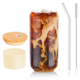 DAMCONME Glass Cup with Lid and Straw 1Pack,Glass Cup for Iced Coffee,Smoothie,Beer,Cocktail,Juice,Matcha-16 oz Bamboo Lid,1 Brush(Pale Yellow)