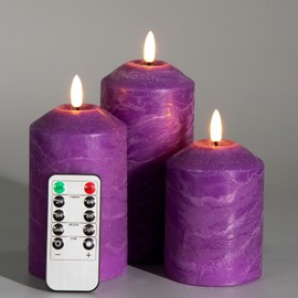 Eywamage Purple Flameless Pillar Candles with Remote, Flickering Christmas Battery LED Wax Candles Set of 3