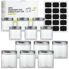LSAIFATER 12PCS Small Clear BPA-Free Plastic Kitchen Food Storage Jars with Aluminium Screw Top, Slime Containers (6pcs x 350ml/12oz, 6pcs x 150ml/5oz, 15 pcs black chalkboard labels)