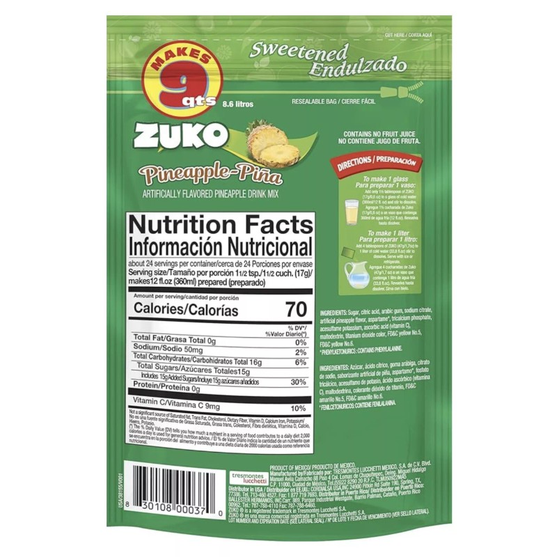Zuko Pineapple Pina Flavored Drink Mix 14.1 Oz. 6 pck