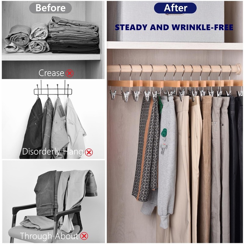 Amber Home 10 Pack Natural Wooden Pants Hangers with Clips,