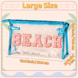 Belanttega Preppy Patch Cosmetic Bag - Summer BEACH Chenille Varsity Letter Toiletry Bag Transparent PVC Zipper Makeup Bag Waterproof Portable Travel Beach Bag for Women Girls(Pink Beach Blue)