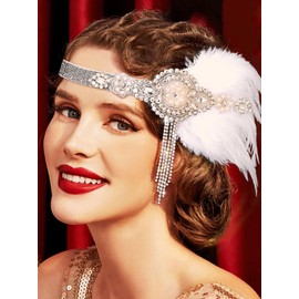 Formery Rhinestones Flapper Headband White Feathers 1920s Headpiece Gatsby Headbands Wedding Cocktail Party Costume Hair Accessories for Women