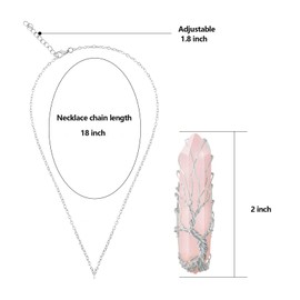 VIBILIA Healing Crystal Necklace Tree of Life Wire Wrapped Natural Rose Quartz Stone Point Pendant Necklace Hexagonal Reiki Spiritual Quartz Gemstone Jewelry for Women Men - Silver