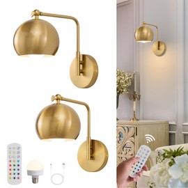 Powfloven Gold Battery Operated Wall Sconces Set of 2, Rechargeable Cordless Wall Light Fixture with Remote, Dimmable Wireless Battery Powered Wall Decor Lighting Lamp for Bedroom Living Room