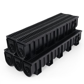 Trench Drain System, Channel Drain with Plastic Grate, 5.9x7.5-Inch HDPE Drainage Trench, 5x39 Trench Drain Grate, with 5 End Caps Black Plastic Trench Drain, for Garden, Driveway-(5 Pack)