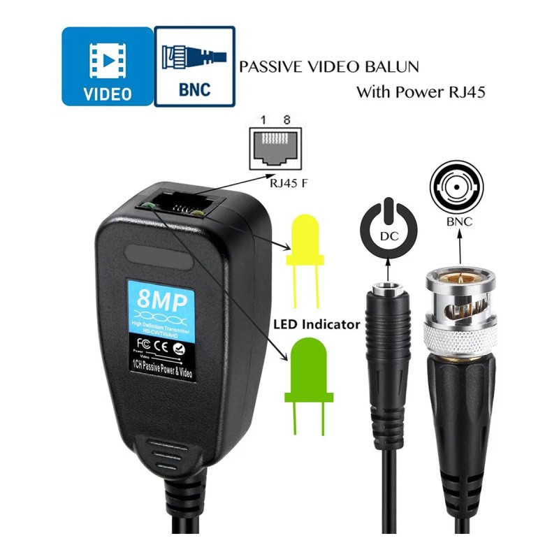 4par Video Balun Rj45 Salida Bnc +voltaje Transceptor Pasivo