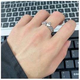 Dishowme Angel Wings Ring Vintage Crown Heart Ring Band Adjustable Knuckle Ring Jewelry for Women Girls Teens (Silver A)