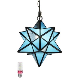 Aeyee Moravian Star Pendant Light Fixture, Stained Glass Hanging Light, Vintage Tiffany Style Chandeliers for Foyer Kitchen Hallway Blue Finish