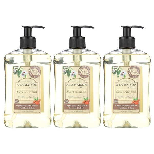 A La Maison Sweet Almond Liquid Hand Soap | 16.9 Fl oz. Pump Bottles Moisturizing Natural Hand Wash Soap | Triple French Milled | Gentle To Hands | (3 Pack)