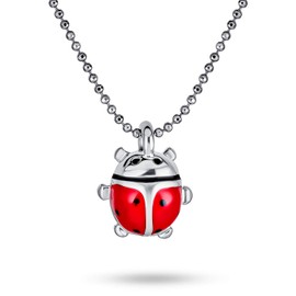 Red Lucky Ladybug Small Enamel Pendant Silver Tone Rhodium Plated Necklace for Women 16 Inches
