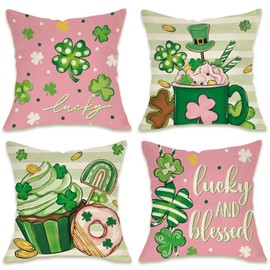 Fahrendom St Patricks Day Dessert Decorative Throw Pillow Covers 18 x 18 Set of 4, Cupcake Coffee Donut Lucky and Blessed Pink Outdoor Pillowcase, Spring Irish Shamrock Clover Cushion Case Home Decor