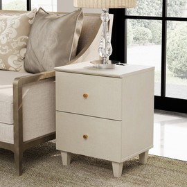 WAMPAT End Table with Charging Station and Storage Drawers, Wood Sofa Side Table for Living Room and Bedroom, Beige Faux Linen