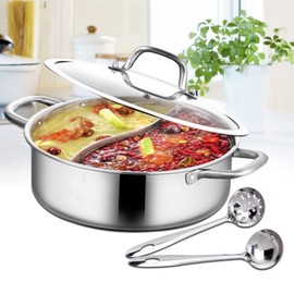 12.6In-Double Lattice Hotpot A Type Stainless Steel Hot Pots Boil Pot with Spoon Ladles and Lid, Cooktop Countertop Burner Steamer Pot Cookware Seafood Boiler for Dorm, Family & Friend Gathering