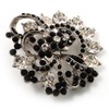 Black & White Diamante Corsage Brooch (Silver Tone)