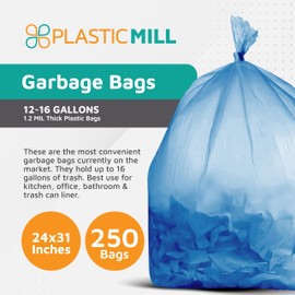 PlasticMill Heavy Duty Trash Bags - Blue Garbage Bags - Plastic Trash Bags - Kitchen, Bathroom, Office Garbage Bags, Trash Can Liners - 12-16 Gallon, 1.2 Mil, 24"x31" (250-Count)