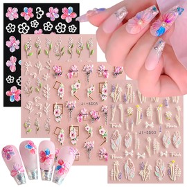 Bellelfin 5D Embossed Flower Nail Stickers 4 Sheets Colorful Flowers Self-Adhesive Nail Art Decals Summer Leaves Nail Art Stickers Nail Supplies for Women Girls DIY Manicure Decorations