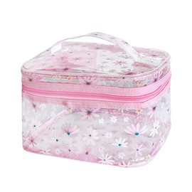 TotePrint Waterproof Cosmetic Bag with Floral Pattern, Waterproof, 22 x 14 x 14 cm, Transparent Toiletry Bag with Zip, Pink + Small Flowers, Modern
