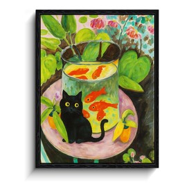 Framed Black Cat Art, Funny Black Cat with Goldfish in Matisse Inspired Painting Canvas Wall Art, Aesthetic Paintings for Bedroom Living Room Bathroom Wall Decor, Kitten Lovers Gift, 8 x 10 Inches