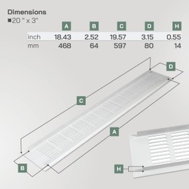 Vent Systems 19.69 x 3.15 Inch (Outer Size) Rectangular Door Vent - White Aluminum Vent Cover Toe Kick Vent Cover - HVAC for Home Cabinet Vent - Intake/Exhaust Door Return Air Vent