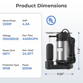 KAINGA 1/2 HP Sump Pump, 4400 GPH Automatic Stainless Steel Submersible Water Pump with Vertical Float Switch for Basement, Pools, Sewage, Hot Tubs, NPT 1-1/2" Discharge, with 10ft Cord