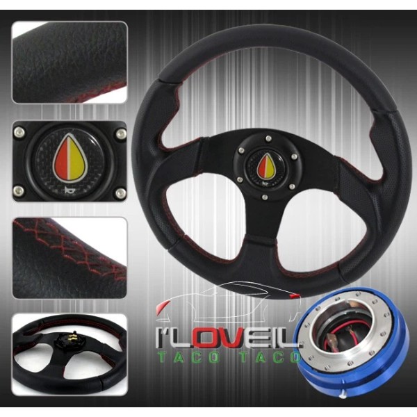 Ilovetacotaco 320mm Blk/Red Drifting Steering Wheel + Blue 1.5" Thin