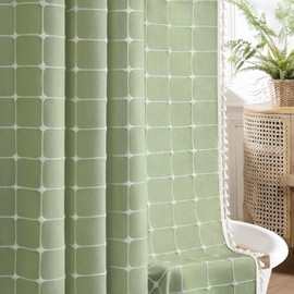 NDDYCU Green Farmhouse Shower Curtain Cotton Texture with Embroidered Plaid Pattern and Boho Tassels for Bathroom,72" W×72" L