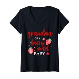 Womens Grandma Of A Berry Sweet One Strawberry Baby First Birthday V-Neck T-Shirt