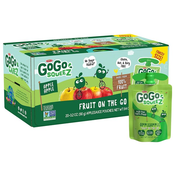 GoGo squeeZ Applesauce, Apple Apple, 3.2 oz (20 Pouches), Gluten Free, Vegan Friendly, Unsweetened Applesauce, Recloseable, BPA Free Pouches