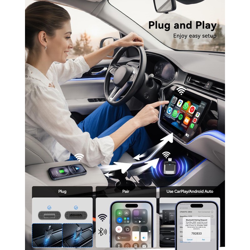 NaviCam 2-in-1 Wireless CarPlay Adapter USB C, Dual-Band WiFi (2.4/5GHz),