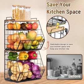 2 Set Fruit Basket for Kitchen with Bamboo Cutting Board, Pantry Kitchen Organizers and Storage, 3 Tier Stackable Wire Wall Basket, Onion Potato Vegetable Storage for Countertop Floor Cabinet Shelf