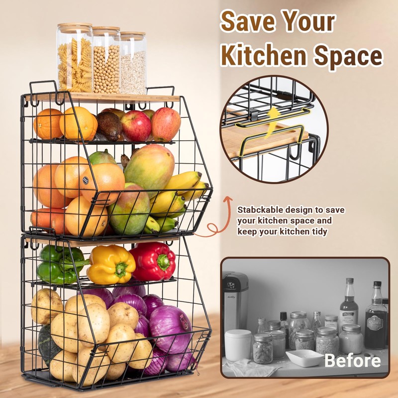 2 Set Fruit Basket for Kitchen with Bamboo Cutting Board,