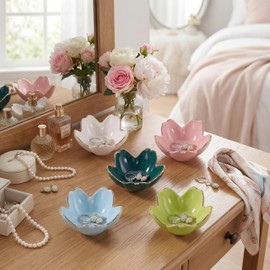 Shappy 5 Pcs Floral Ceramic Jewelry Tray, Cherry Blossom Ring Holder Dish, Ceramic Trinket Tray, Key Bowl Gifts for Mother's Day Vanity Dresser Decors (Pastel Color)