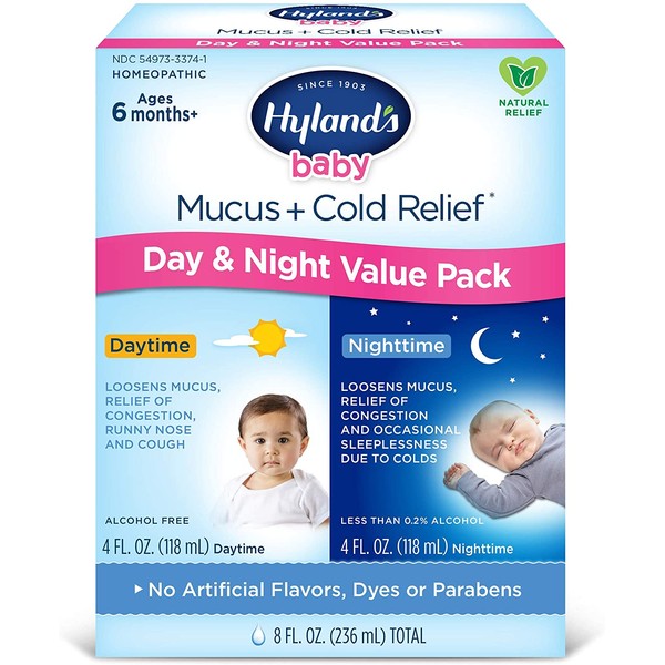 Infant and Baby Cold Medicine, Hyland's Baby Mucus + Cold Relief, Day & Night Value Pack, Decongestant and Cough Relief, 8 Fl Oz