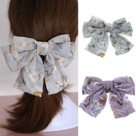 Aysekone 2 Pieces Chiffon Big Hair Bows Bow Hair Clips Ponytail Holders Large Hair Bows Hair Bows Hair Clips Daisy Hair Clips Floral Hair Bow Clips for Women Girls(Purple+Light Blue)