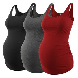 Ecavus 3 Pack Maternity Tank Tops Ribbed Ruched Side Stretchy Comfortable Sleeveless Pregnancy Shirts