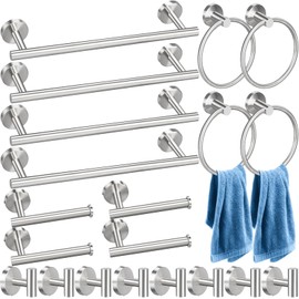 Bathroom Hardware Set 20 Pieces, Stainless Steel Towel Bar Set Includes 4 Packs 15.7 inch Bar, 8 Packs Hook, 4 Packs Ring, 4 Packs Toilet Paper Holder Wall Mounted (Brushed Nickel)