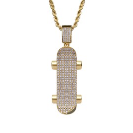 SMANXEY Iced out Hip Hop Skateboard Pendant Necklace in Silver & Gold, Embellished Cubic Zirconia - Ideal for Urban Fashion Devotees