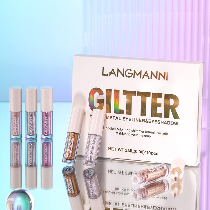 LANGMANNI 10Pcs Liquid Glitter Eyeshadow Korean Makeup Set, Shimmer,Pigmented,Long Lasting,Quick