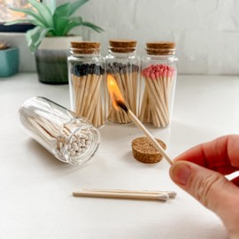 Fancy Safety Matches in 4" Glass Vial, 50 Matchsticks in Glass Jar with Striker, Home Decor Candle Accessories, Fancy Matches with Colored Tips, and Strike Pad on Base - Pink (MV50)